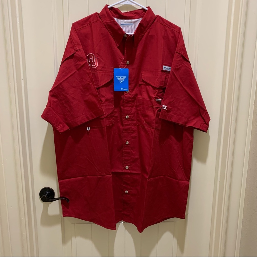 OKLAHOMA SOONERS COLUMBIA MEN’S CRIMSON BONEHEAD SHORT SLEEVE DRESS SHIRT XL - Picture 4 of 12
